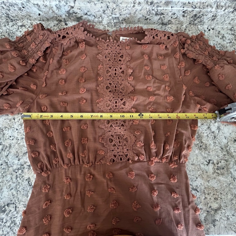 Just Me Boho Swiss Dot Crochet Lace Ruffled Hem Party Mini Dress Cognac Size M - Picture 13 of 15